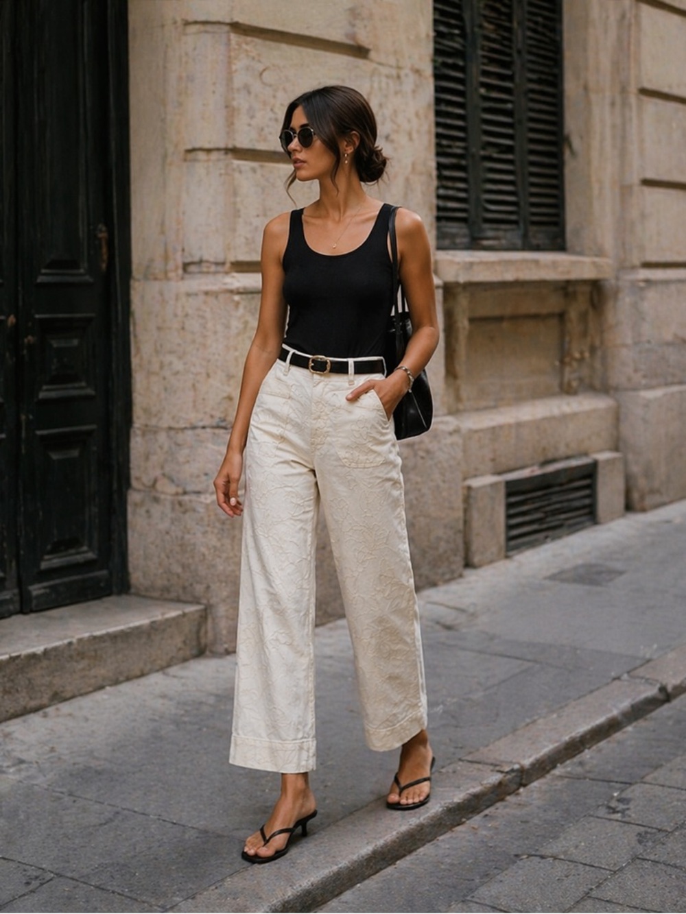 Sanctuary Cream Embroidered Wide-Leg Cropped Pants
